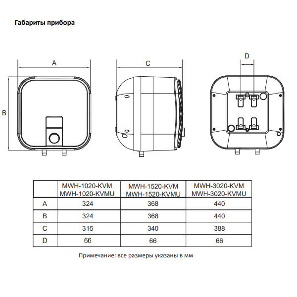 Водонагреатель Midea MWH-KVM -KVMU размеры