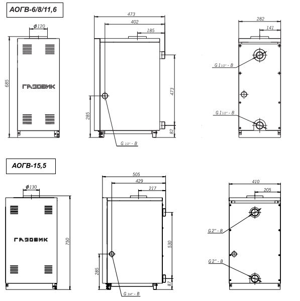 Лемакс Газовик АОГВ-8-1 газовый котёл, размеры