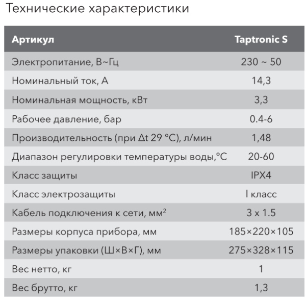 Electrolux Taptronic S водонагреватель технические характеристики